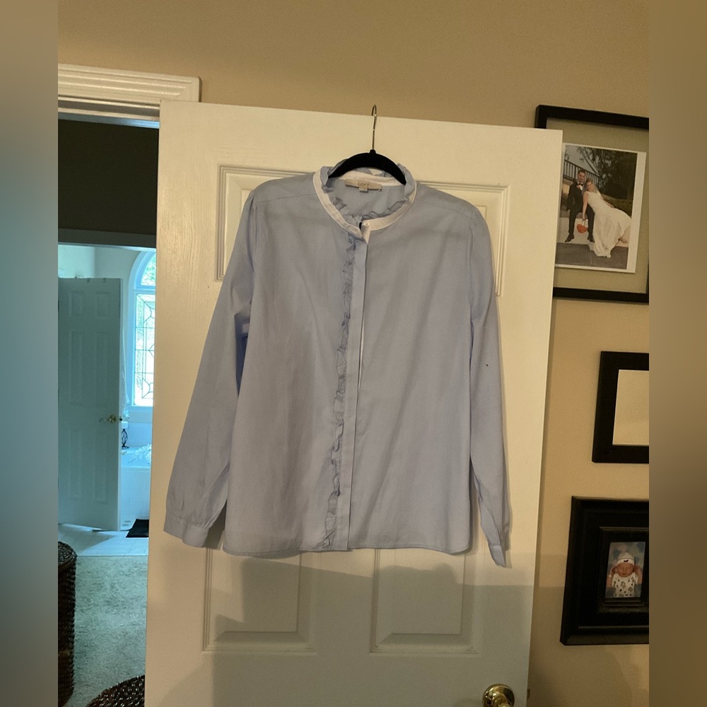 Cutest ruffle light blue button down. Loft